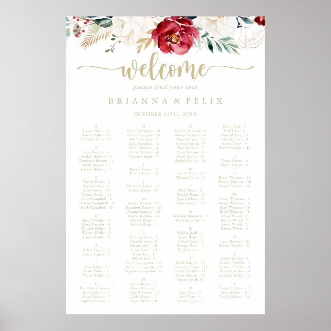 Classic Gold Floral Alphabetical Seating Chart (Front)