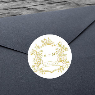 Classic Gold Floral Crest Monograms Round Sticker