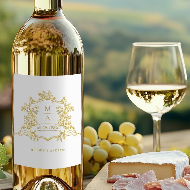 Classic Gold Floral Crest Monograms Wedding Wine Label (Creator Uploaded)