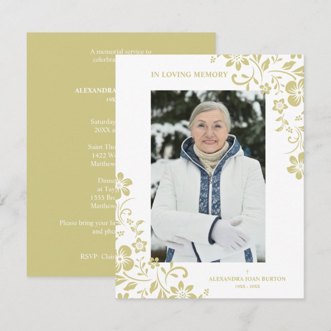 Classic Gold Floral Funeral Service Dear One Photo Card (Front/Back)