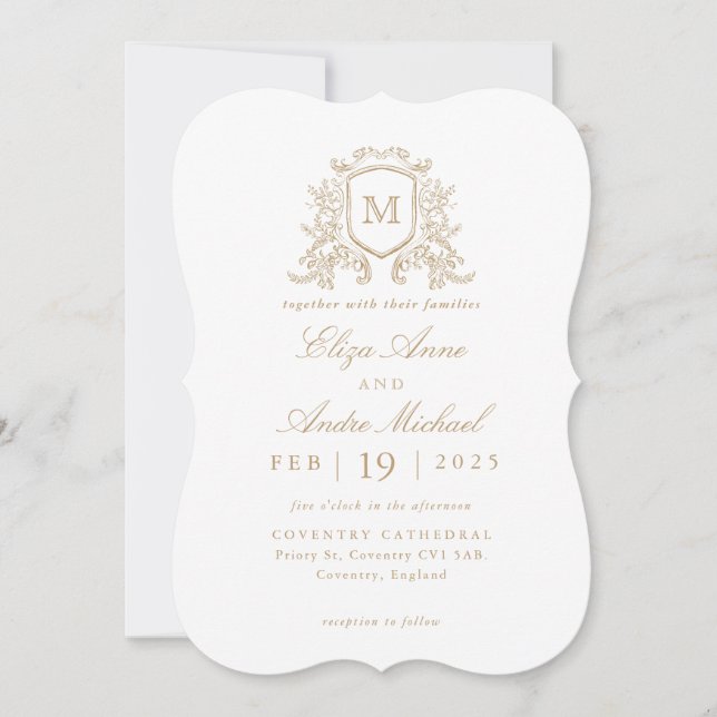 Classic Gold Floral Monogram Crest Wedding Invitation (Front)