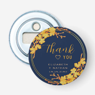 Classic Gold Floral Navy Blue Wedding Thank You Bottle Opener