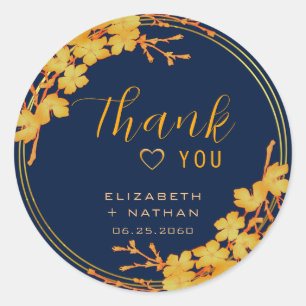 Classic Gold Floral Navy Blue Wedding Thank You Classic Round Sticker