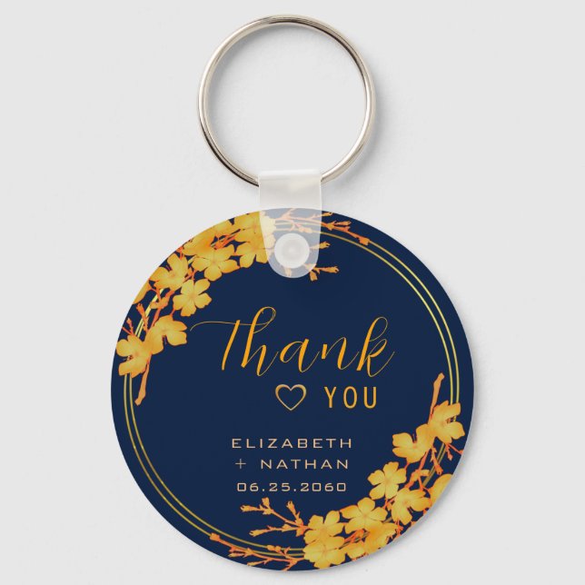 Classic Gold Floral Navy Blue Wedding Thank You Key Ring (Front)