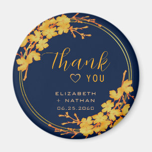 Classic Gold Floral Navy Blue Wedding Thank You Magnet