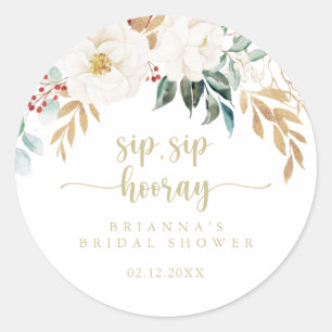 Classic Gold Floral Sip Sip Hooray Bridal Shower  Round Sticker