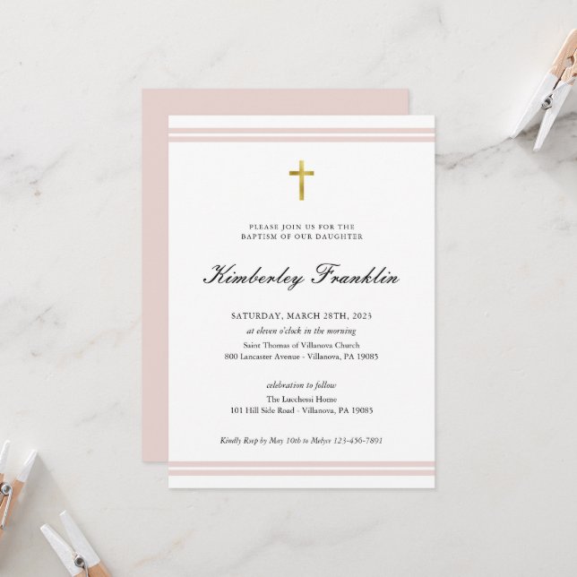 Classic Gold Foil Girls Baptism Communion  Invitat Invitation (Front/Back In Situ)