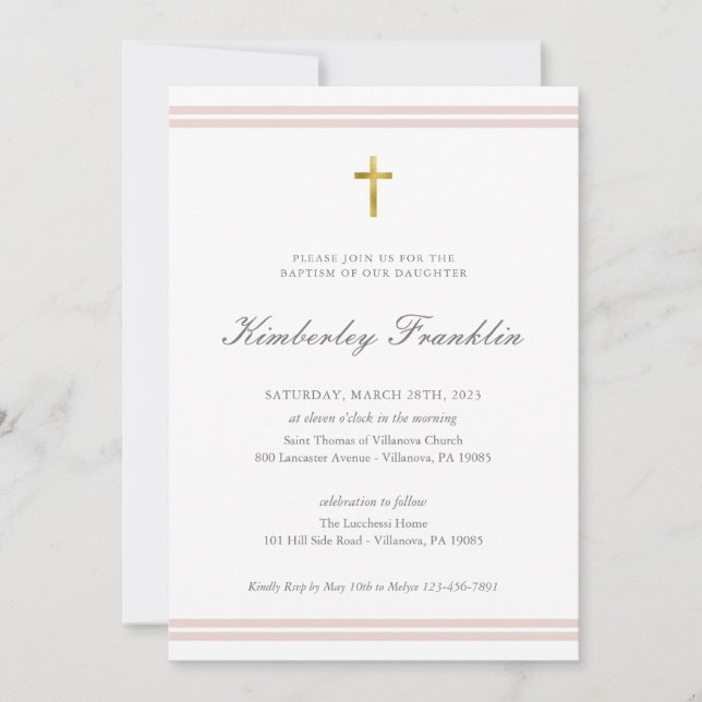 Classic Gold Foil Girls Baptism Communion  Invitation (Front)
