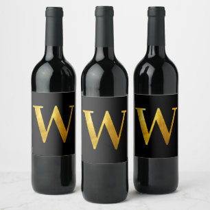 Classic Gold Foil Monogram W on Black Wine Label