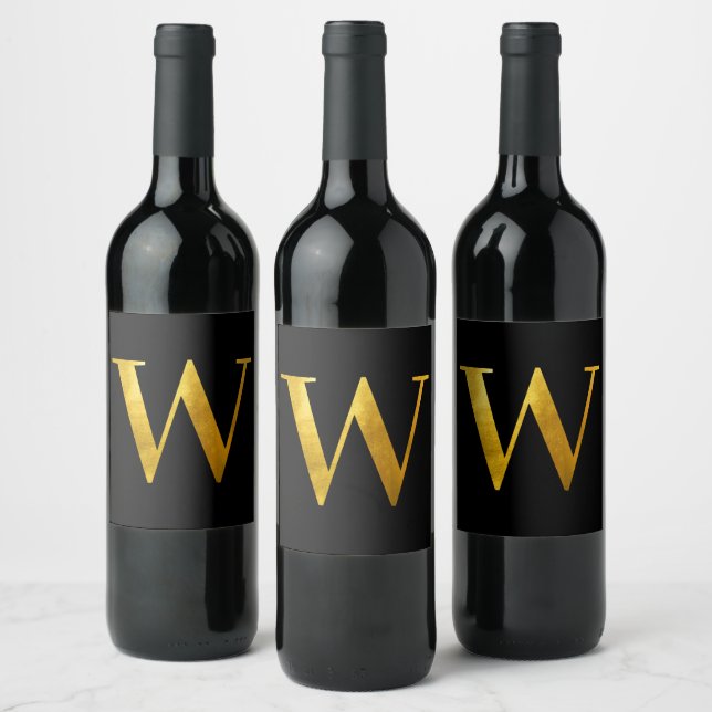 Classic Gold Foil Monogram W on Black Wine Label (Bottles)