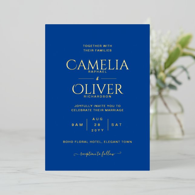 Classic GOLD FOIL Text Blue Wedding Elegant (Standing Front)