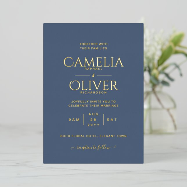 Classic GOLD FOIL Text Blue Wedding Elegant Foil I (Standing Front)