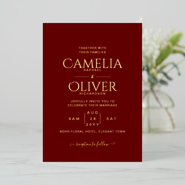 Classic GOLD FOIL Text Burgundy Wedding Elegant (Standing Front)