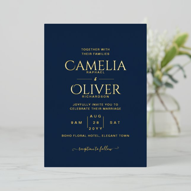 Classic GOLD FOIL Text Navy Wedding Elegant (Standing Front)