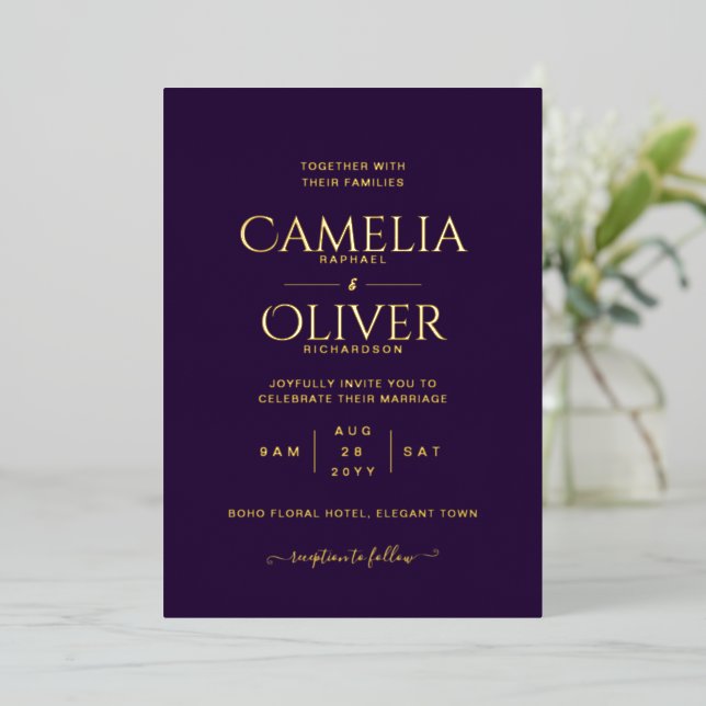 Classic GOLD FOIL Text Plum Purple Wedding Elegant (Standing Front)