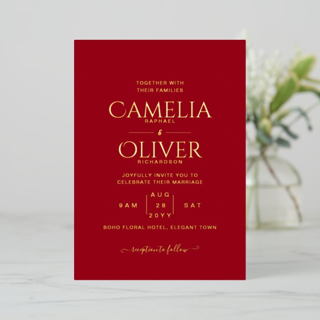 Classic GOLD FOIL Text Red Wedding Elegant (Standing Front)