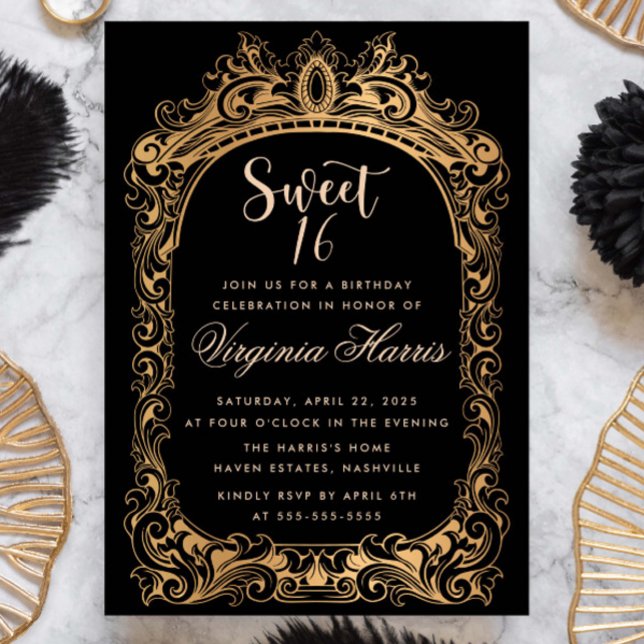 Classic Gold Frame Black Sweet Sixteen 16 Birthday Invitation (Creator Uploaded)