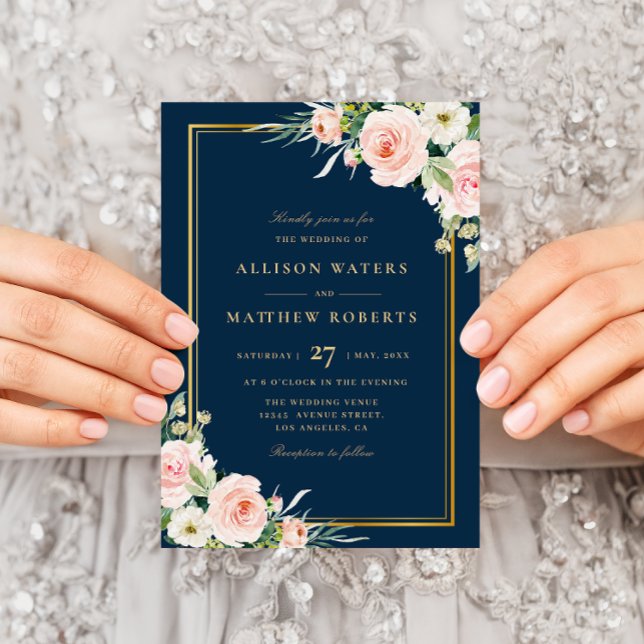 classic gold frame pink blush floral Navy wedding Invitation (Creator Uploaded)