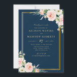 Classic Gold Frame Pink Blush Floral Navy Wedding Invitation<br><div class="desc">blush and navy theme with the classy yet formal gold frame. The hand painted flowers mix with navy background. You can choose the paper of your choice and also customise other features of this template such as text,  wording and colour.</div>
