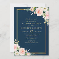 Classic Gold Frame Pink Blush Floral Navy Wedding