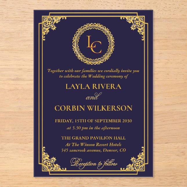 Classic Gold Frame Royal Monogram Wedding Acrylic Invitations (Front)