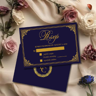 Classic Gold Frame Royal Monogram Wedding RSVP Card