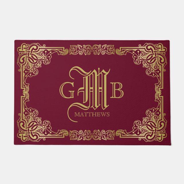 Classic Gold Frame Wedding Monogram Burgundy Doormat (Front)