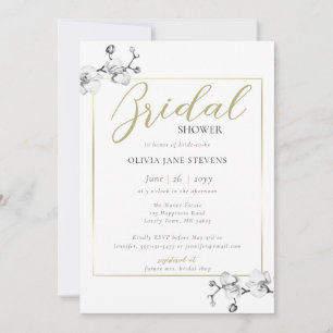 Classic Gold Frame White Orchid BW Bridal Shower Invitation
