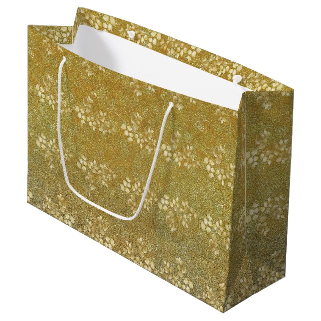 Classic Gold Glitter Floral Pattern Large Gift Bag (Front Angled)