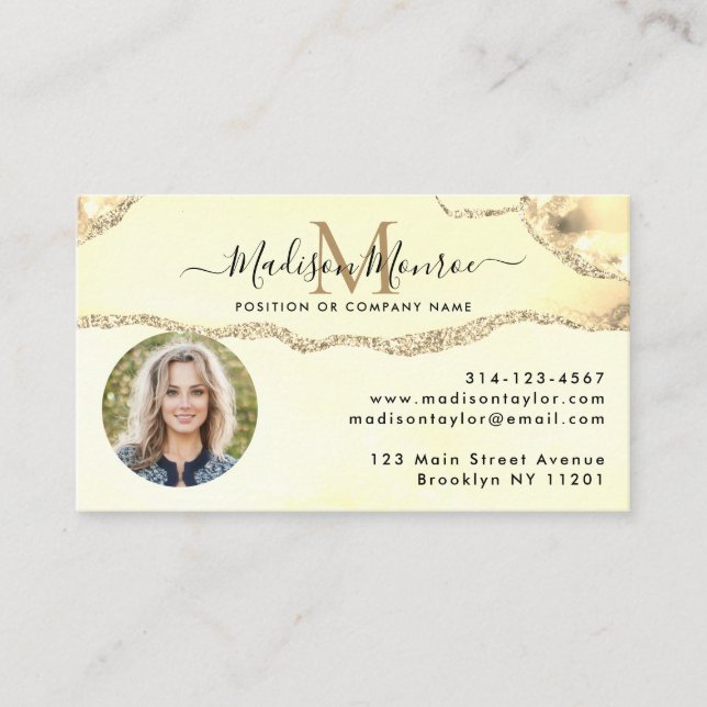 Classic Gold Glitter Logo Photo Agate Monogram Business Card (Front)