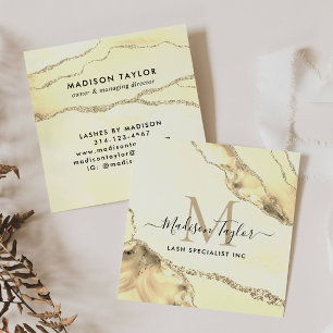 Classic Gold Glitter Marble Agate Chic Monogram Square Business Card