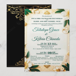 Classic Gold & Green Floral Wedding Invitation — P
