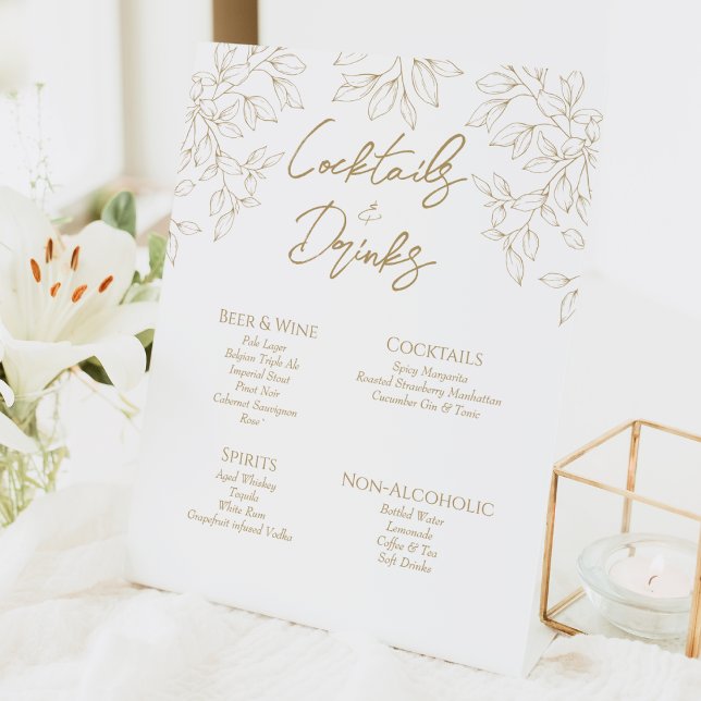 Classic Gold Greenery Wedding Cocktails and Drinks Pedestal Sign (Creator Uploaded)