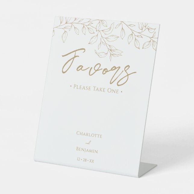 Classic Gold Greenery Wedding Favours Pedestal Sign (Front)