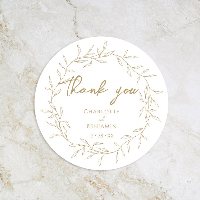 Classic Gold Greenery Wedding Thank You Classic Round Sticker (Creator Uploaded)