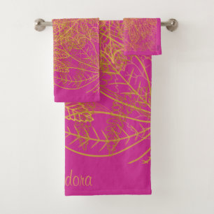 Classic Gold Leaf Fuchsia Background Bath Towel Set