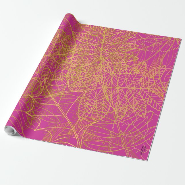 Classic Gold Leaf Fuchsia Background Wrapping Paper (Unrolled)