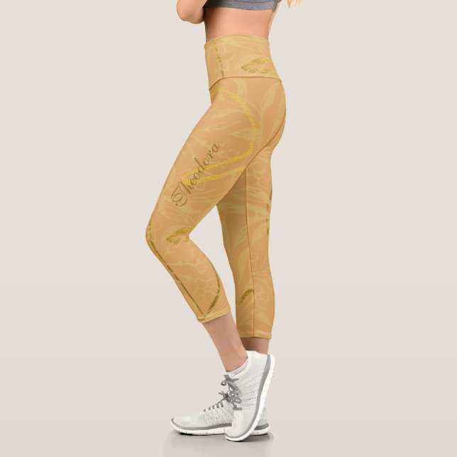 Classic Gold Leaf Ochre Elegant Pattern Capri Leggings (Left)