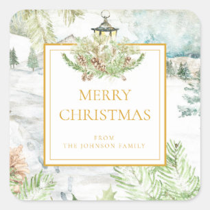 Classic Gold Merry Christmas Watercolor Snow Scene Square Sticker
