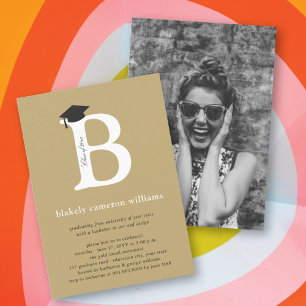 Classic Gold Monogram 'B' Black Grad Cap Senior Invitation