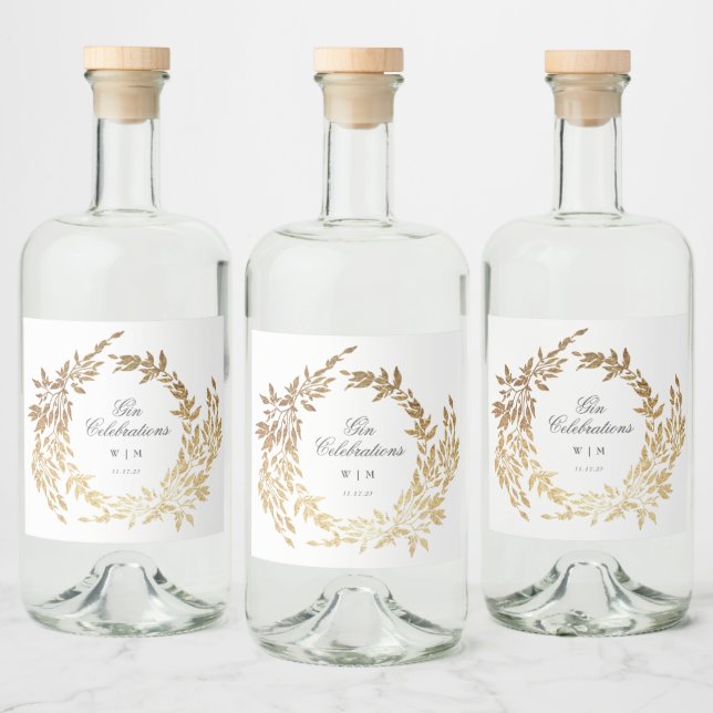 Classic Gold Monogram Botanical Crest Wedding Liquor Bottle Label (Bottles)