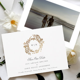 Classic Gold Monogram Botanical Crest Wedding Save The Date