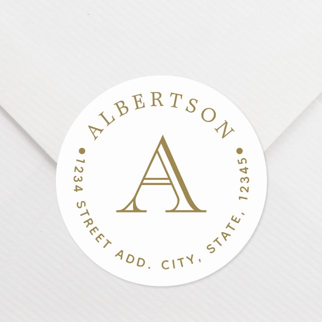 Classic Gold Monogram Family Name Return Address Round Sticker (Creator Uploaded)