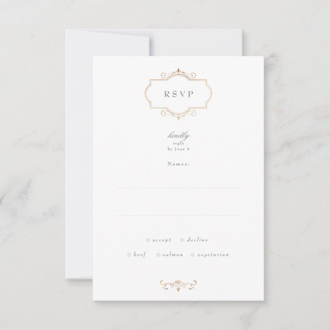 classic gold monogram sage green wedding RSVP card (Front)