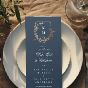 classic gold navy floral motif monogram Wedding  Menu