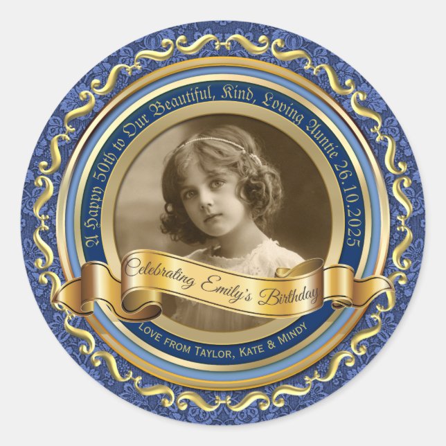 Classic Gold Photo Frame Elegant Banner Dark Blue Classic Round Sticker (Front)