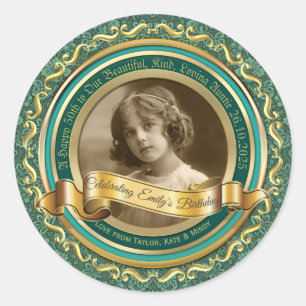 Classic Gold Photo Frame Elegant Banner Turquoise Round Sticker