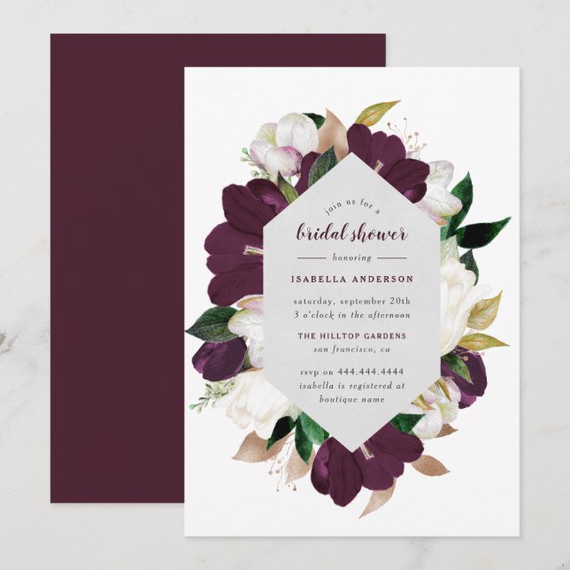 Classic Gold & Plum Purple Floral Bridal Shower Invitation (Front/Back)