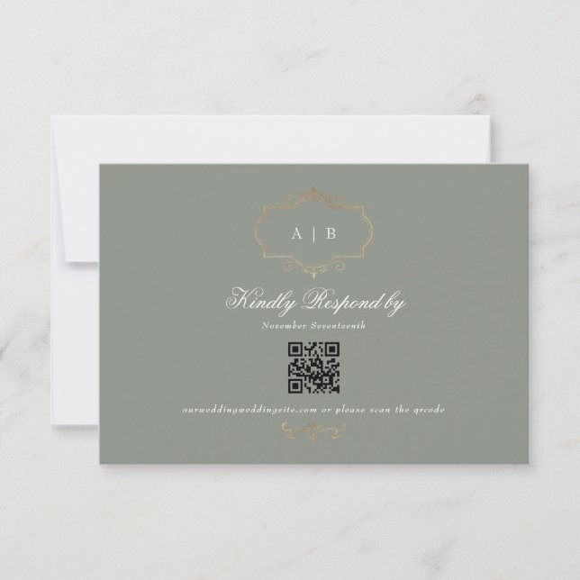 classic gold sage green QR CODE wedding website RSVP Card (Front)
