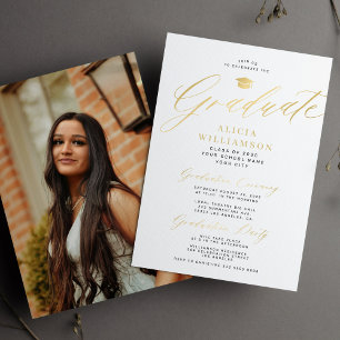 Classic gold script graduate photo graduation  invitation